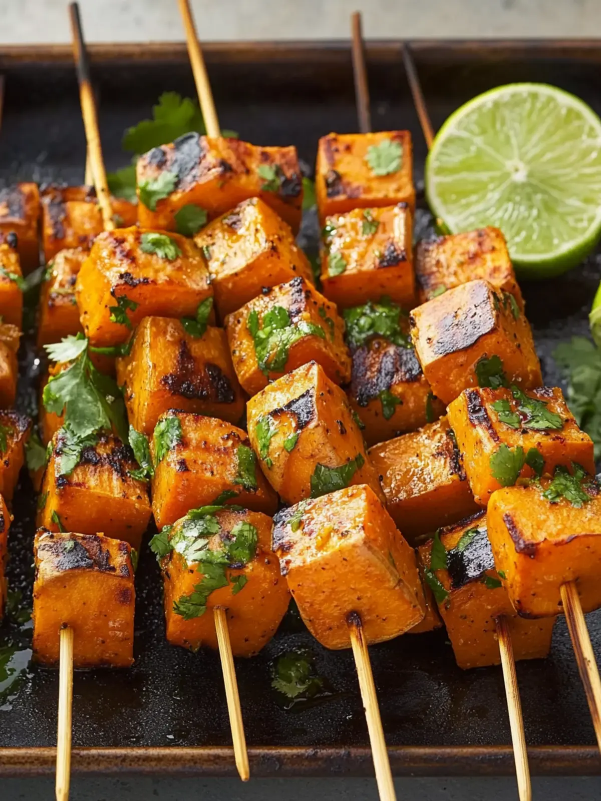 Gegrillte Süßkartoffel-Spieße mit Limetten-Koriander-Power 2 Grilled Sweet Potato Skewers with Lime-Cilantro Marinade