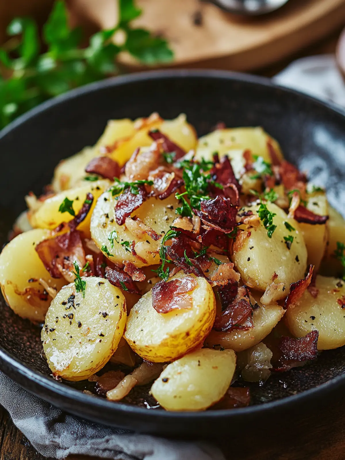 Krosse Bratkartoffeln mit Speck und Zwiebeln aus der Heißluftfritteuse 2 Bratkartoffeln mit Speck und Zwiebeln aus der Heißluftfritteuse