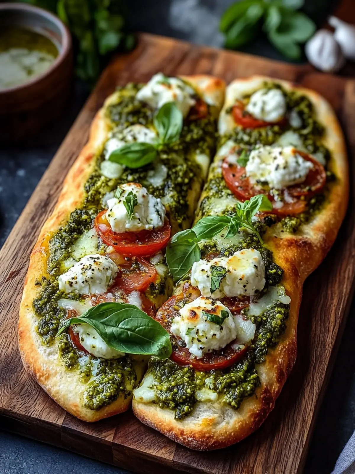Pesto-Hühnchen-Fladenbrot mit Mozzarella in 20 Minuten zubereiten 2 Pesto-Hühnchen-Fladenbrot mit Mozzarella
