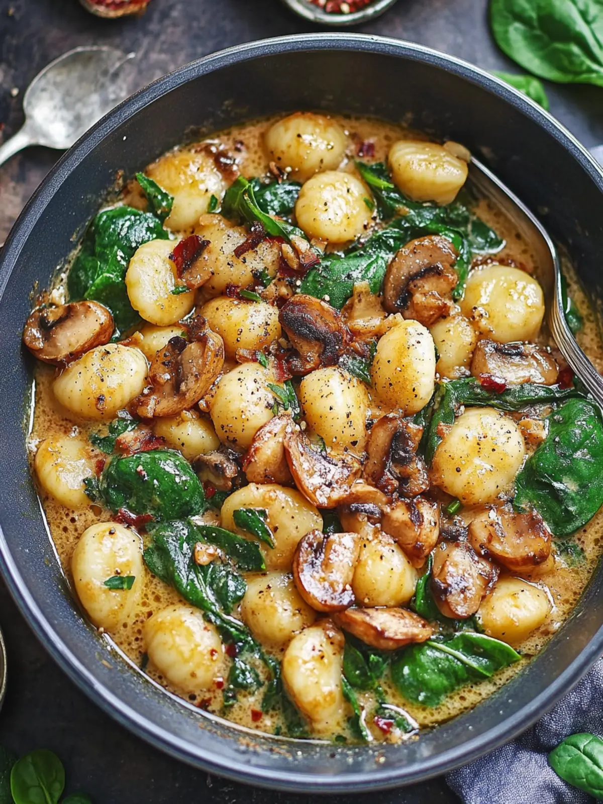 Cremige Spinat- und Pilzgnocchi in 20 Minuten aus einer Pfanne 5 Cremige Spinat- und Pilzgnocchi (Einer-Pfanne, 20 Minuten)