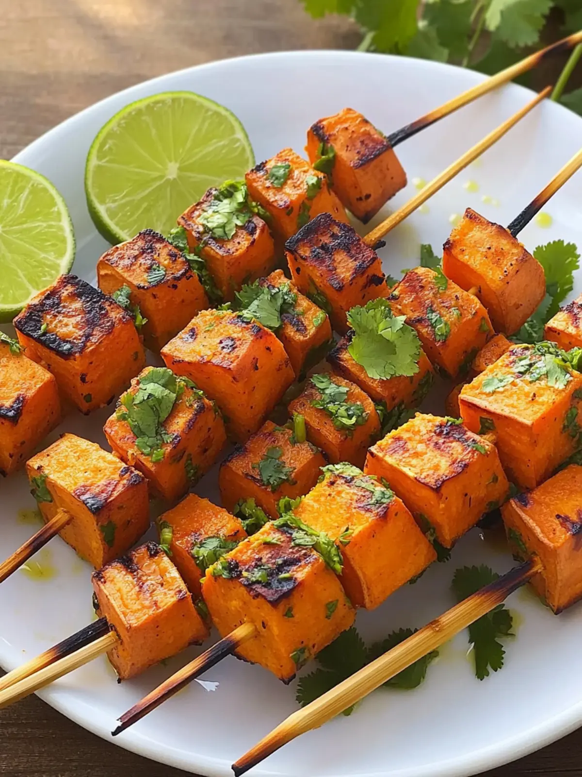 Gegrillte Süßkartoffel-Spieße mit Limetten-Koriander-Power 4 Grilled Sweet Potato Skewers with Lime-Cilantro Marinade