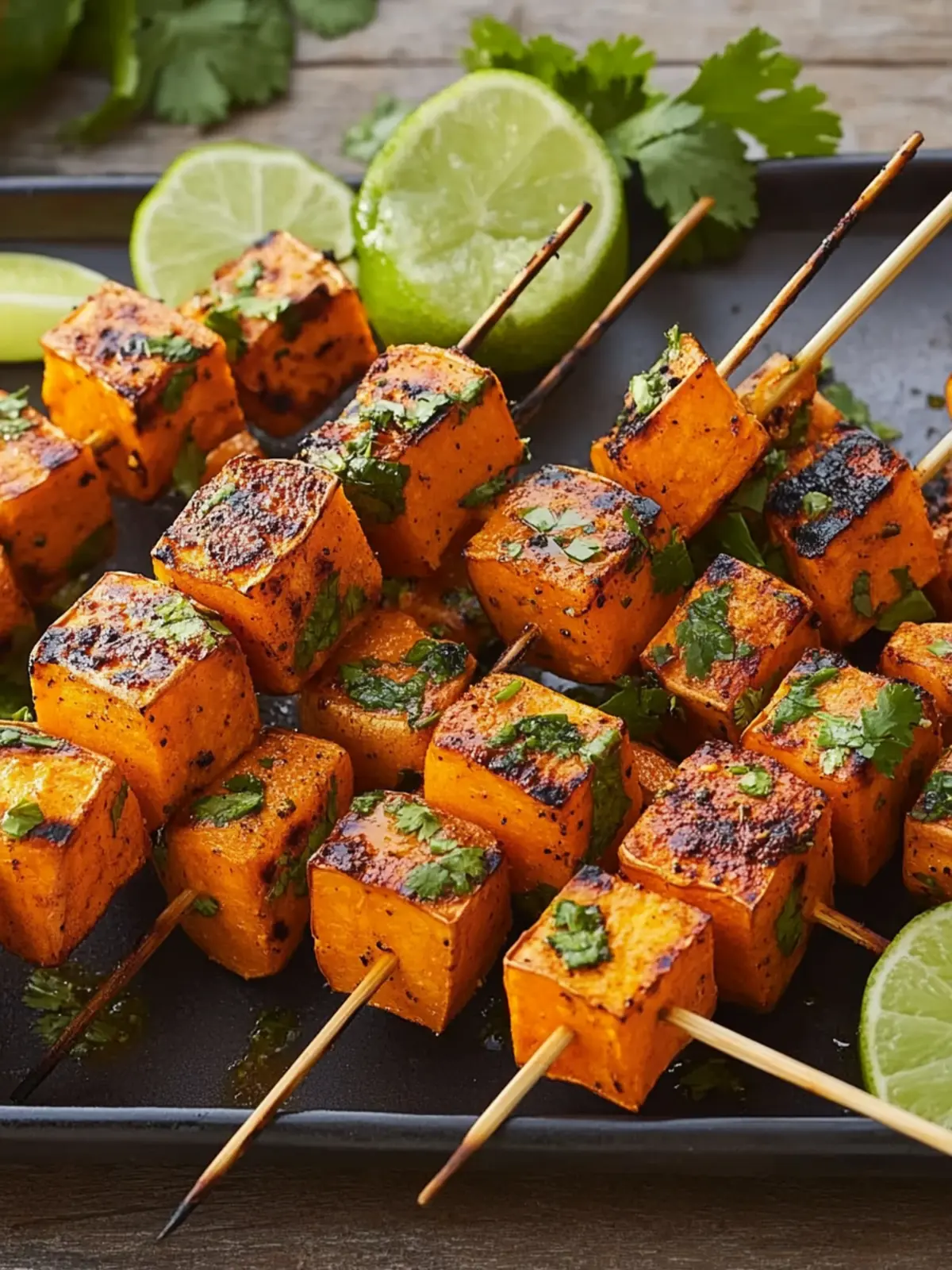 Gegrillte Süßkartoffel-Spieße mit Limetten-Koriander-Power 3 Grilled Sweet Potato Skewers with Lime-Cilantro Marinade