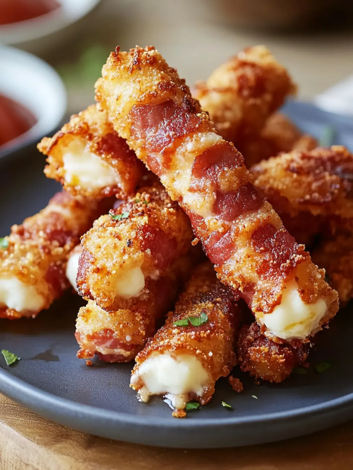 Knusprige Rindfleisch-Bacon-Mozzarella-Sticks für Snacks mit Biss 4 Knusprige Rindfleisch-Bacon-Mozzarella-Sticks