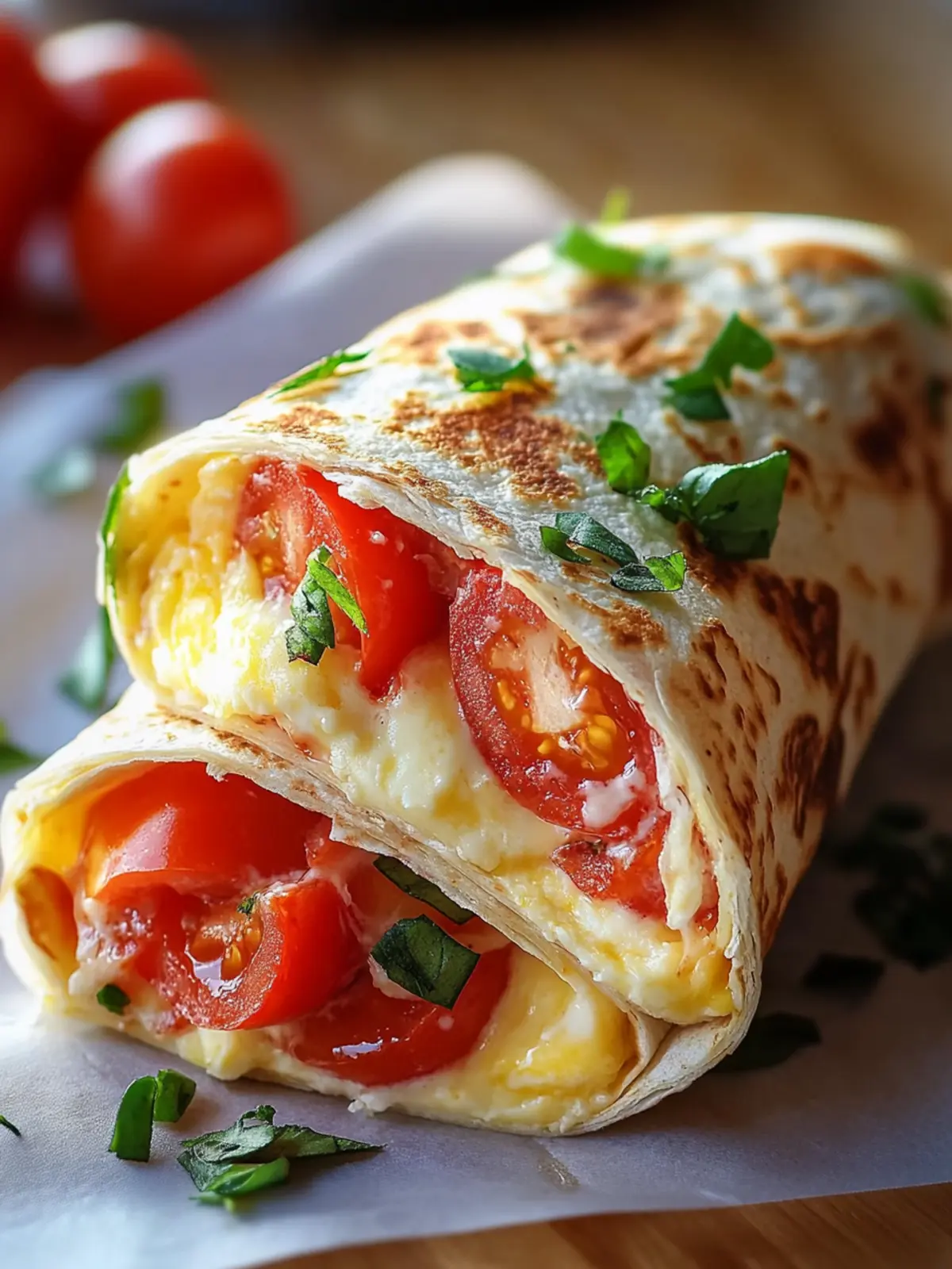 Frühstückswrap mit Ei, Käse und Tomaten