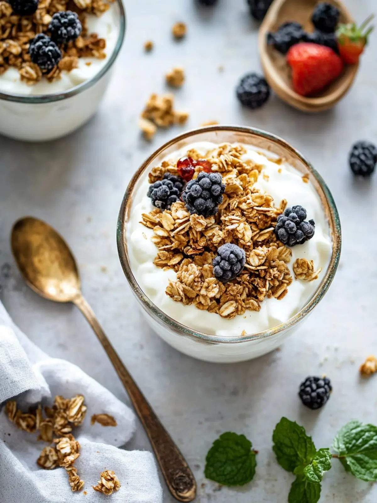 Gesunde griechische Joghurt Frühstücksschüssel mit frischen Beeren 3 Gesunde griechische Joghurt Frühstücksschüssel