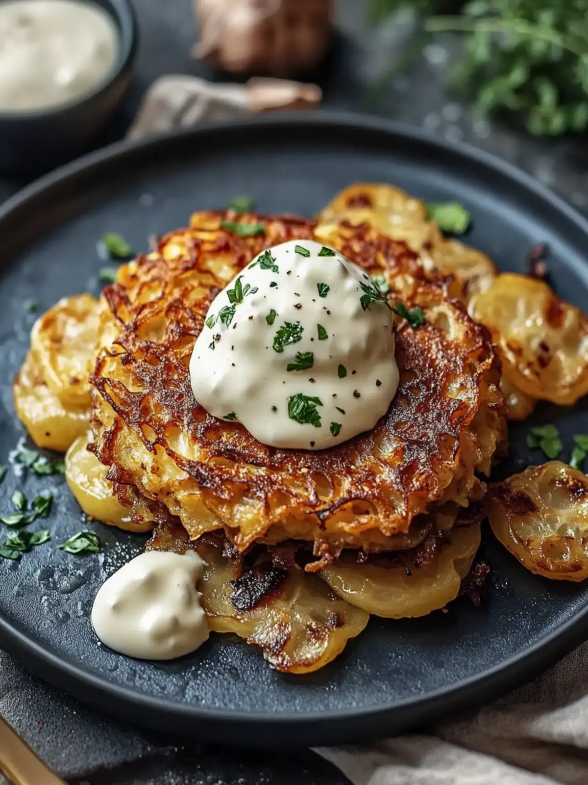 Knusprige Mozzarella Rösti mit Zwiebel-Pilzrahmsoße genießen 4 Mozzarella Rösti mit Zwiebel-Pilzrahmsoße